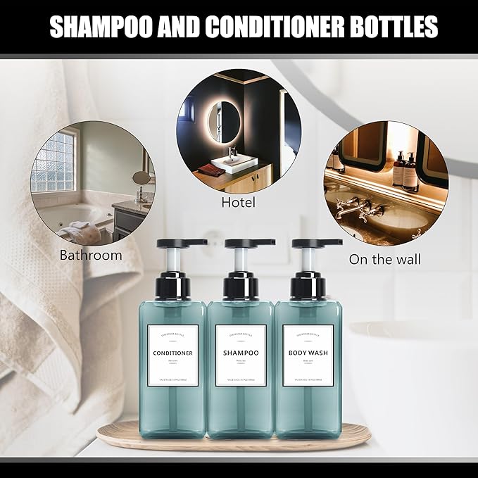 YACEYACE 25oz Set of 3 Clear Blue Refillable Pump Bottles, Shampoo & Soap Dispenser for Kitchen