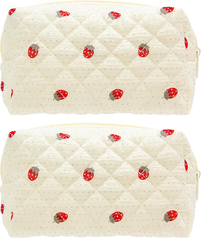 Small Quilted Makeup Bag,Zipper Cosmetic Pouch,Gauze Strawberry,2 Pack