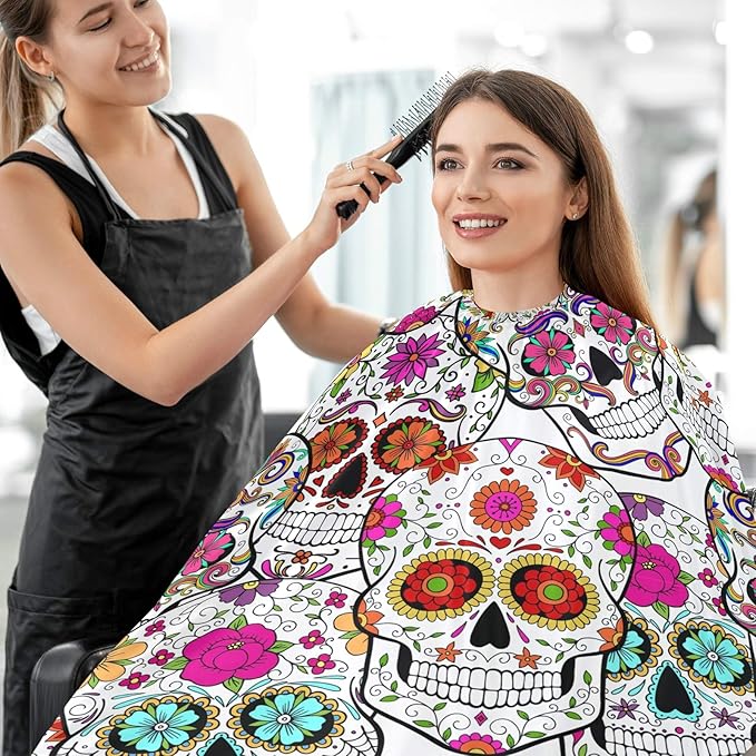 visesunny Barber Cape Sugar Skull With Flower Polyester Hair Cutting Salon Cape Apron Anti-Static Haircut Shaving Cloth Beard Shaving Bib Hairdressing Cape