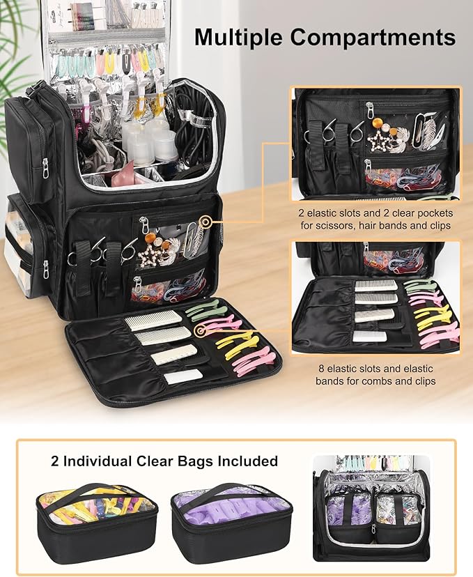Relavel Hair Tools Travel Bag with Clear Makeup Bag, Hair Stylist BarberBag on Wheels Hairdresser Cosmetology Bag Case with Four 360 Degree Spinner Wheels, Heat Insulation Full Layer for Curling Iron