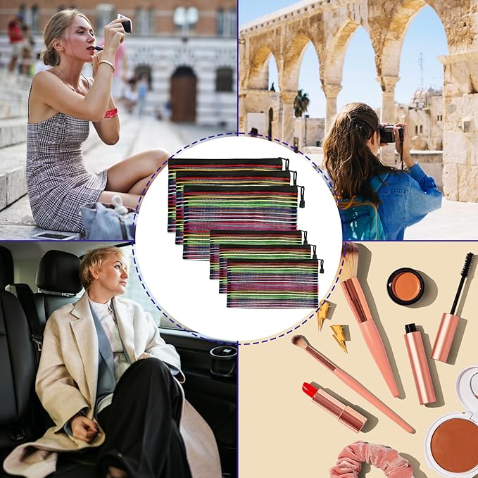 CarryEpic Mesh Bags with Zipper (6 Pack), Nylon Makeup Bag Cosmetic Pouches Travel Organizer Case for Purse Diaper Bag Home Organizing Striped Multi Size Black