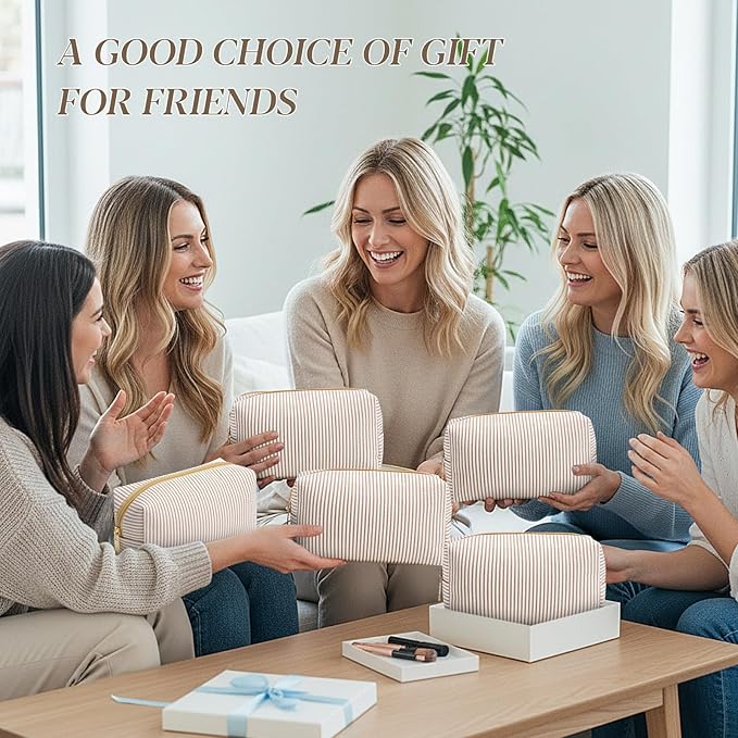 Sanwuta 12 Pcs Seersucker Cosmetic Bags Bulk Seersucker Makeup Bags Stripe Women Pouch Large Preppy Storage Pouch Toiletry Travel for Wedding Bridesmaid Bride Favor Back to Teacher Gift (Khaki)