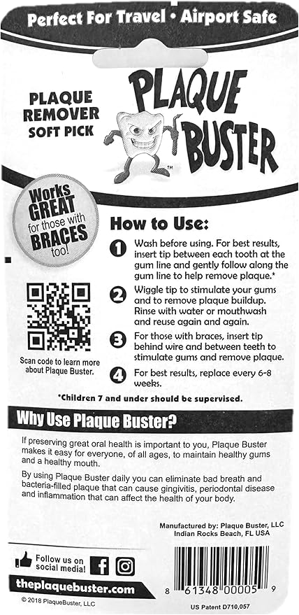 Plaque Buster (8 Count) Soft Interdental Pick, Gum Stimulator & Plaque Remover, Made in USA, for Oral Health and Healthy Gums, Multi-Colored