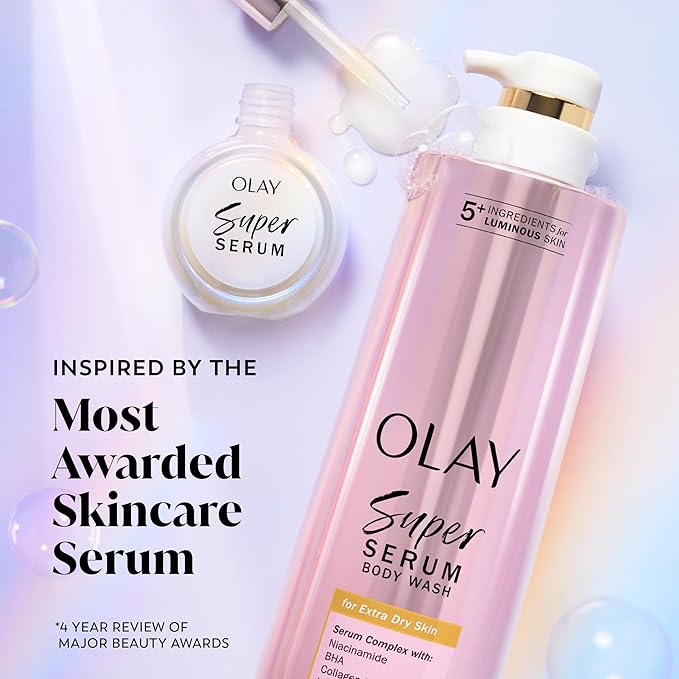 Olay Super Serum Body Wash for Extra Dry Skin, 24hr Long Lasting Hydration, 5+ Ingredient Complex for Bright Even Firm Luminous Skin, 18.5 Fl Oz