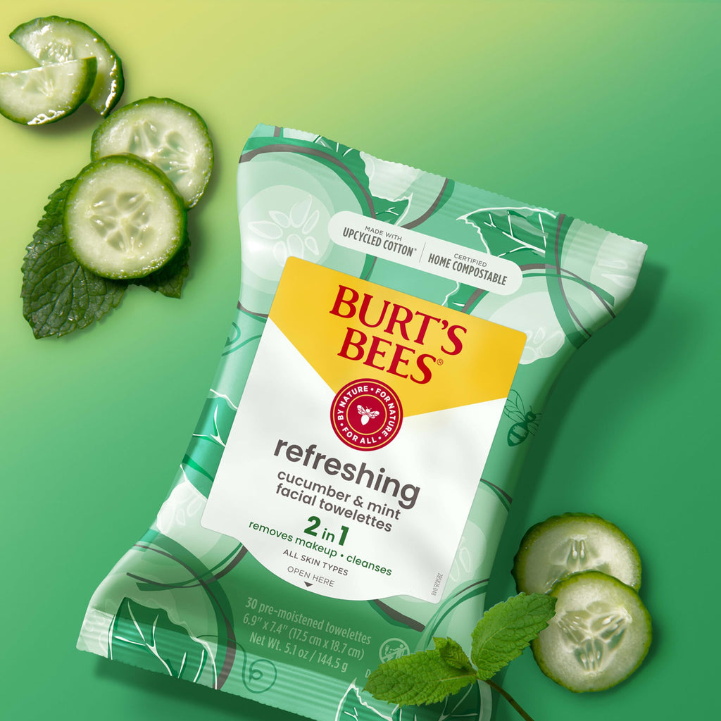 Burt's Bees Cucumber and Mint Face Wipes, Refreshing Makeup Remover and Facial Cleansing Towelettes, 99 Percent Natural Origin, Remove Makeup, Cleanse, All Skin Types, 30 ct., Three Pack
