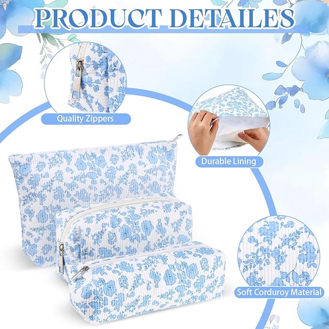 Huhumy 3 Pcs Makeup Bag Set for Women Corduroy Cosmetic Pouch Aesthetic Smile Travel Toiletry Bag Cute Purse Pouch Pencil Case Makeup Brushes Storage Organizer with Zipper (Blue,Floral)