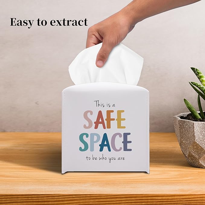 Grace Yonks Cute Tissue Box Cover Square - “This is a Safe Space” Affirmation Design 5.2" PU Leather Holder for Vanity, Desk, or Bathroom Counter - Cube Case for Facial Tissues(019)