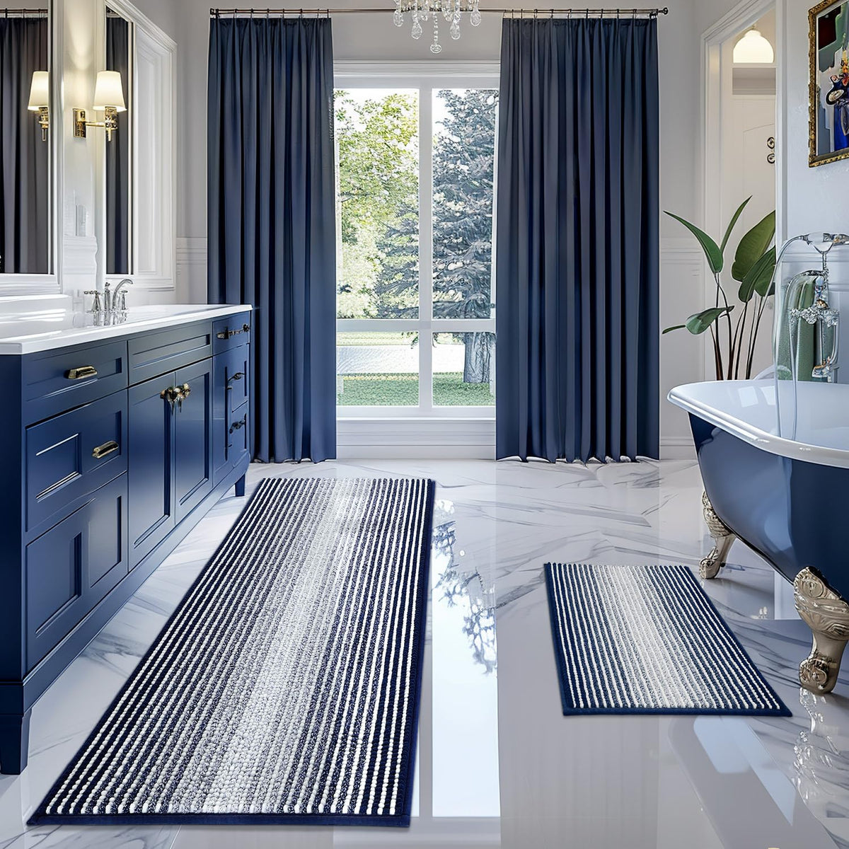 BSICPRO Bathroom Rugs Sets 2 Piece, Non Slip Striped Bath Mats, Black