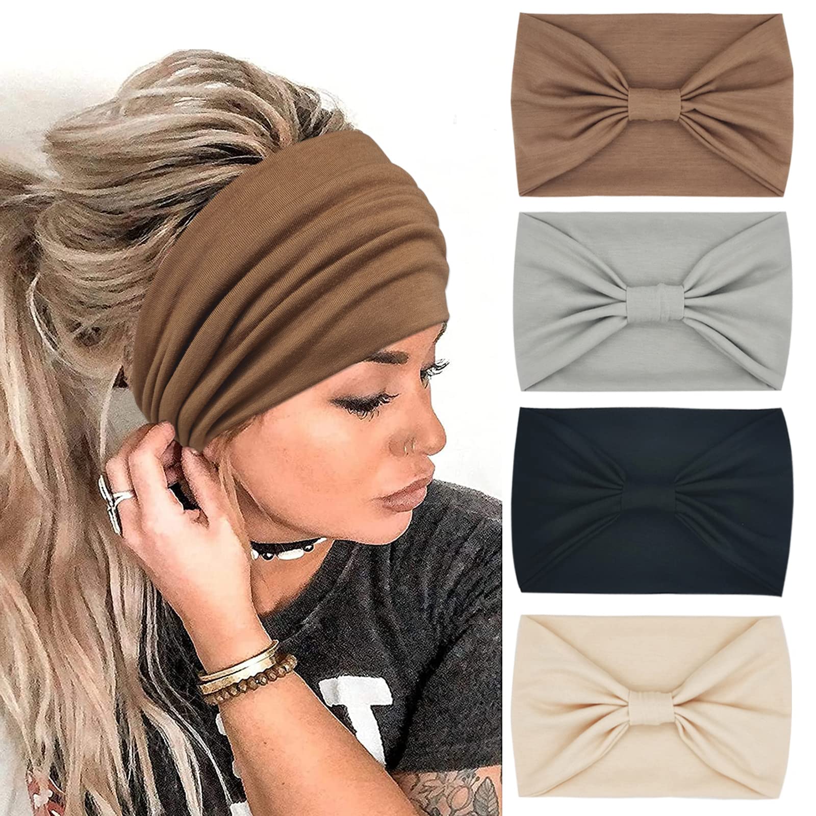 YONUF Wide Headbands for Women, 4 Pack Boho Knotted Head Bands Daily Wear