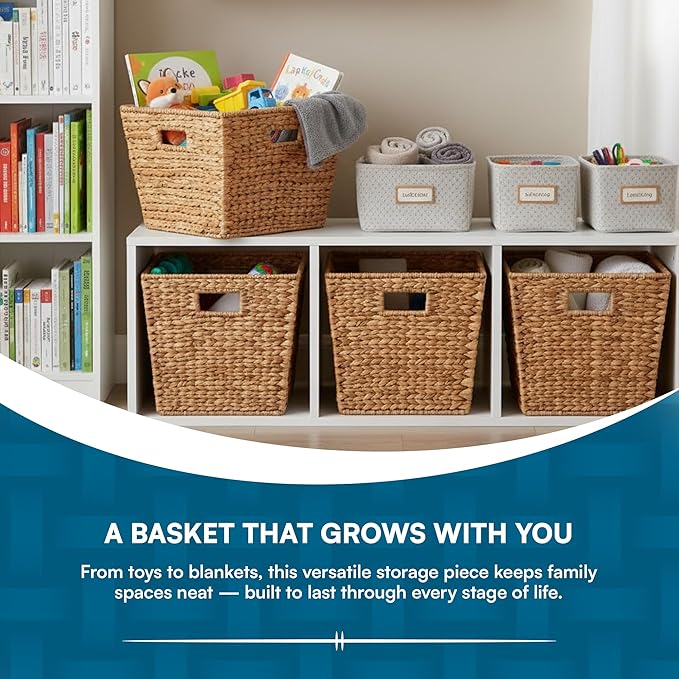 Honey-Can-Do Natural Water Hyacinth Tall Storage Basket with Built-In Handles, 15.75 x 14.5 x 12 in, Handwoven Eco-Friendly Bin