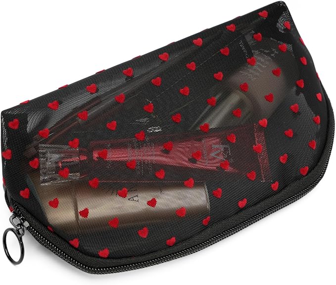TOPASION Portable Mesh Makeup Bag with Zipper Small Travel Toiletry Bag Lightweight Cosmetic Pouch (Black&Red Heart Half Round)