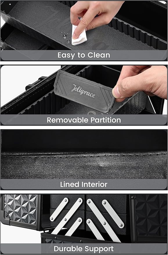Joligrace Makeup Train Case Professional Cosmetic Organizer Aluminum Storage Box with 4 Adjustable Dividers Trays Lockable Portable with Shoulder Strap - Black
