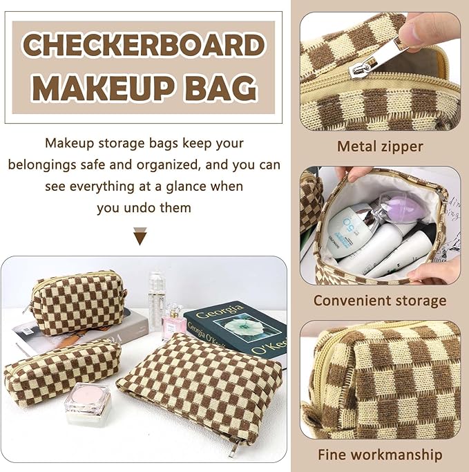 Gocvo 3 Pcs Makeup Bag Cosmetic Bag Set for Girls Women Checkered Travel Organizer Bathroom Toiletry Pouch Large Capacity Storage Bag (Brown)