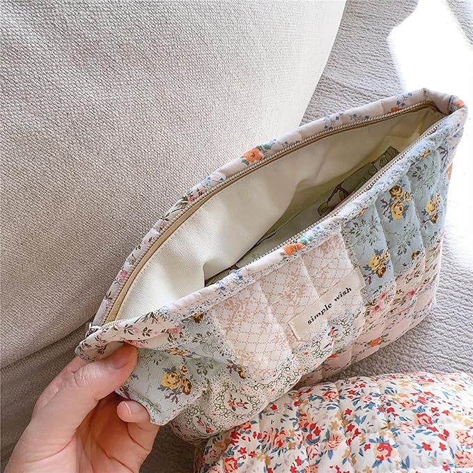 Sminra Quilted Floral Makeup Bag for Women, Cotton Cosmetic Pouch with Zipper, Slim Travel Toiletry Organizer for Makeup, Skincare and Daily Essentials Organizer (Blue Floral-L)