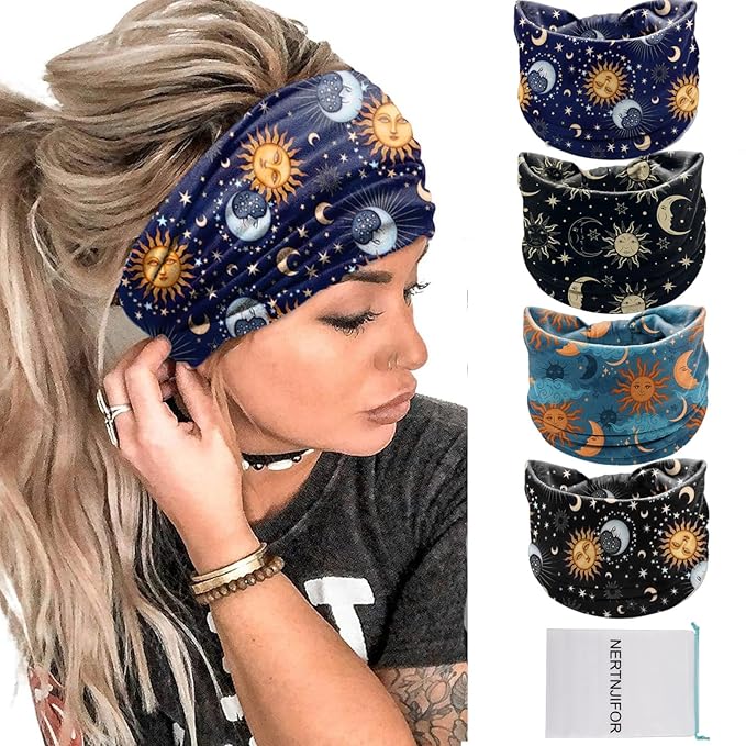 Women Headbands Stars Moon Wide Knotted Headband Non Slip Wraps Elastic Yoga Turban Fashion Hair Bands Soft Hair Wrap Hair Accessories for Girls Pack of 4 (Star Moon)