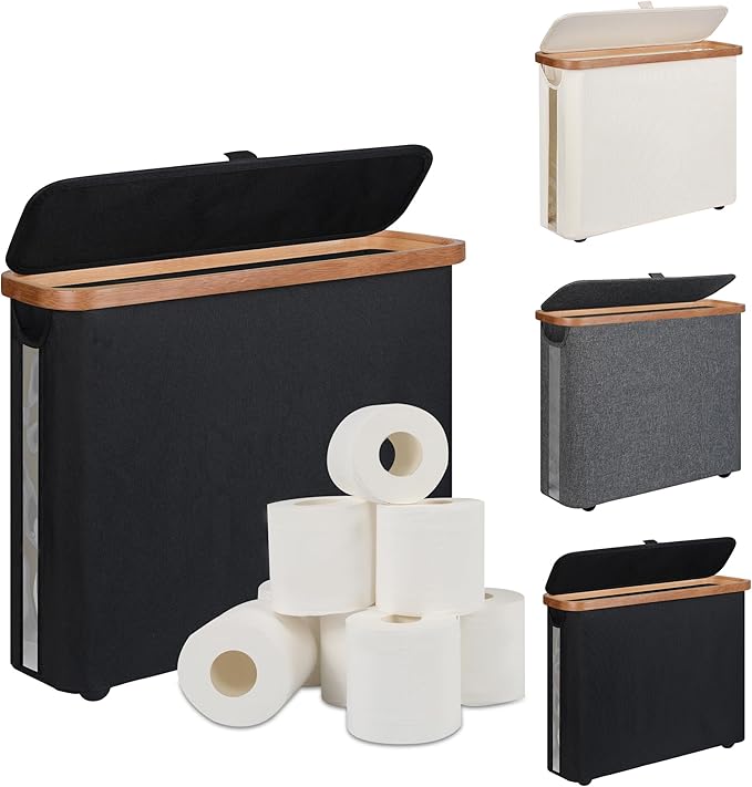 Toilet Paper Storage Basket with Lid - The Ultimate Bathroom Organizer, Free Standing Toilet Paper Holder for Up to 9 Mega Rolls, Toilet Tissue Storage Bin with Handle for RV Closet, Black