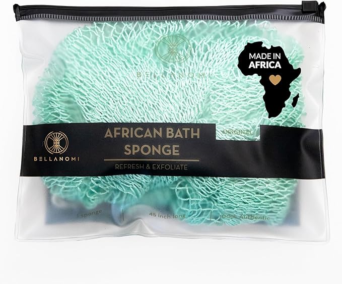 BELLANOMI African Exfoliating Net Sponge, Authentic, Ethically sourced from Nigeria, 45 inches Long, Back Scrubber for Daily use (Seafoam)