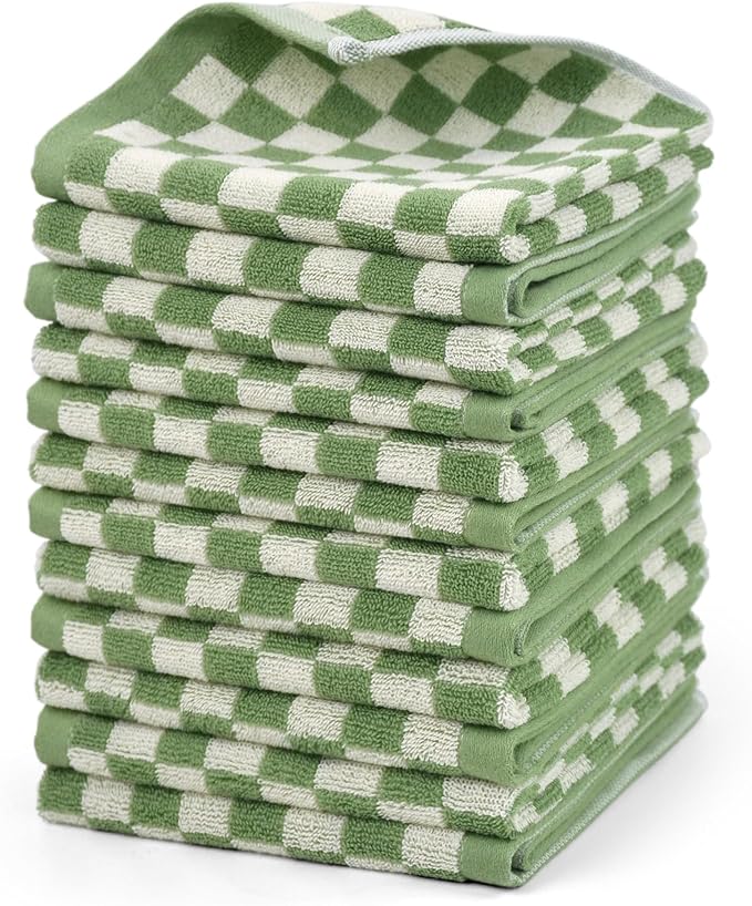Jacquotha Wash Cloths Super Soft (Green Checkered), Wash Clothes 12 Pack