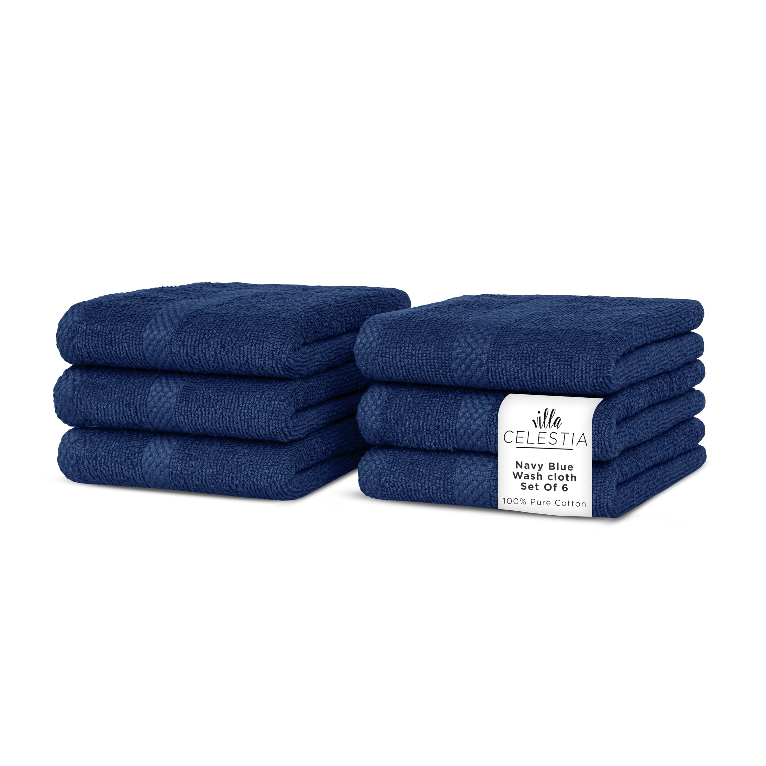 Villa Celestia Cotton Washcloths Set of 6, 12x12 Inch, 100% Ring-Spun Combed Cotton, Soft Absorbent Quick-Dry Wash Cloths for Face and Body, Oeko-TEX Certified, Hotel & Spa Quality, Navy Blue