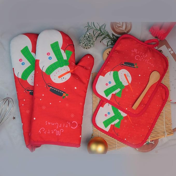 Win Change Oven Mitts and Potholders BBQ Gloves-Oven Mitts and Pot Holders with Recycled Infill Silicone Non-Slip Cooking Gloves for Cooking Baking Grilling (4-Piece Set) (Red Christmas Snow)