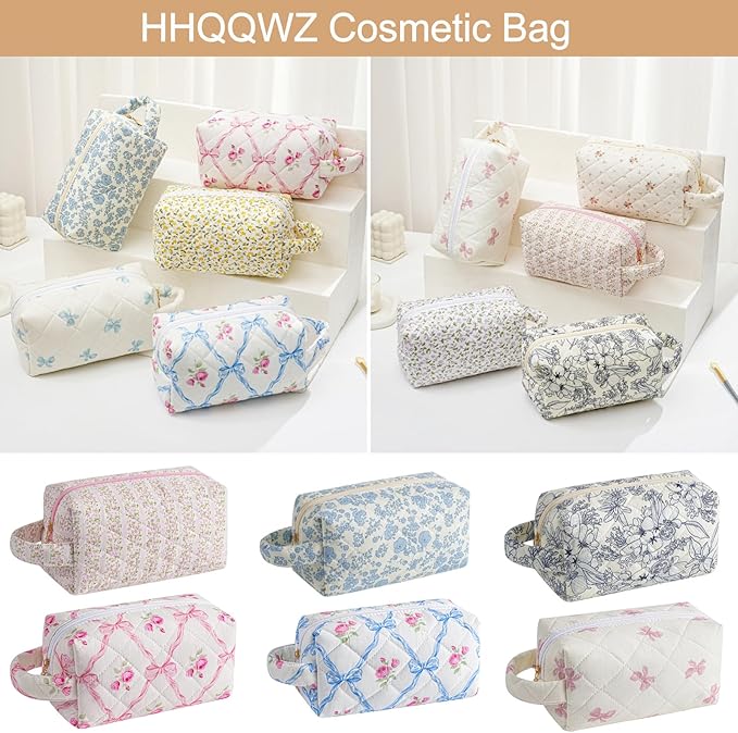 HHQQWZ Makeup Bag Travel Cosmetic Bag for Women, Zipper Make Up Pouch, Floral Flowers Toiletry Organizer Makeup with Handle, Cosmetic Travel Cloth Bag (Beige Floral)