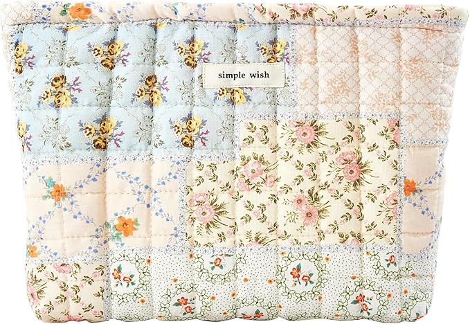 Sminra Quilted Floral Makeup Bag for Women, Cotton Cosmetic Pouch with Zipper, Slim Travel Toiletry Organizer for Makeup, Skincare and Daily Essentials Organizer (Blue Floral-L)