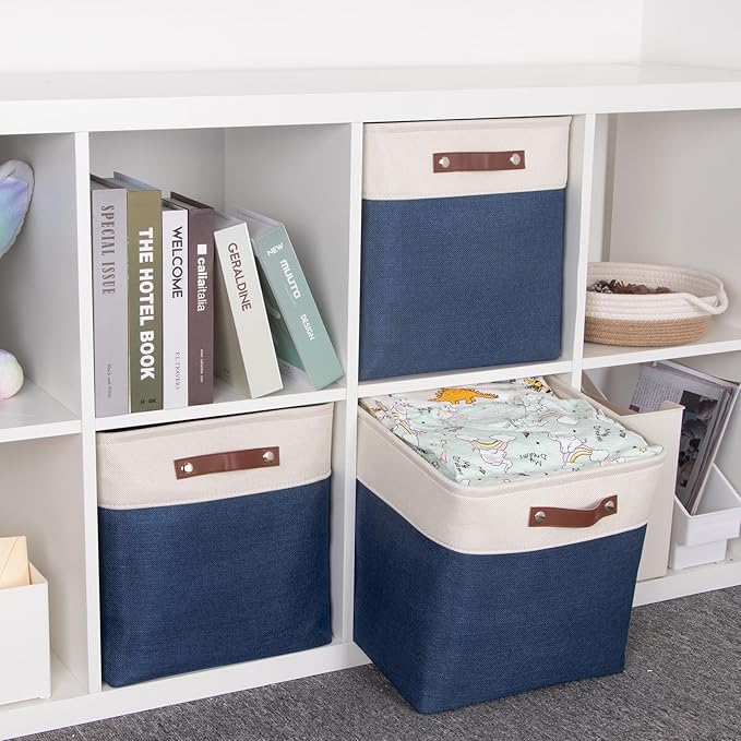 HNZIGE Baskets Fabric Storage Cubes Bins Baskets(3 Pack) Storage Baskets Cube for Shelf, Large Collapsible Organizer Closet Baskets,13x13 Toy Baskets with Leather Handle(White&Blue)