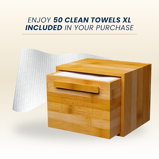 Clean Skin Club Luxe Bamboo container with pullout drawer includes Clean Towels® Original XL 50 Count, Disposable Face Towel Holder for Bathroom Counter