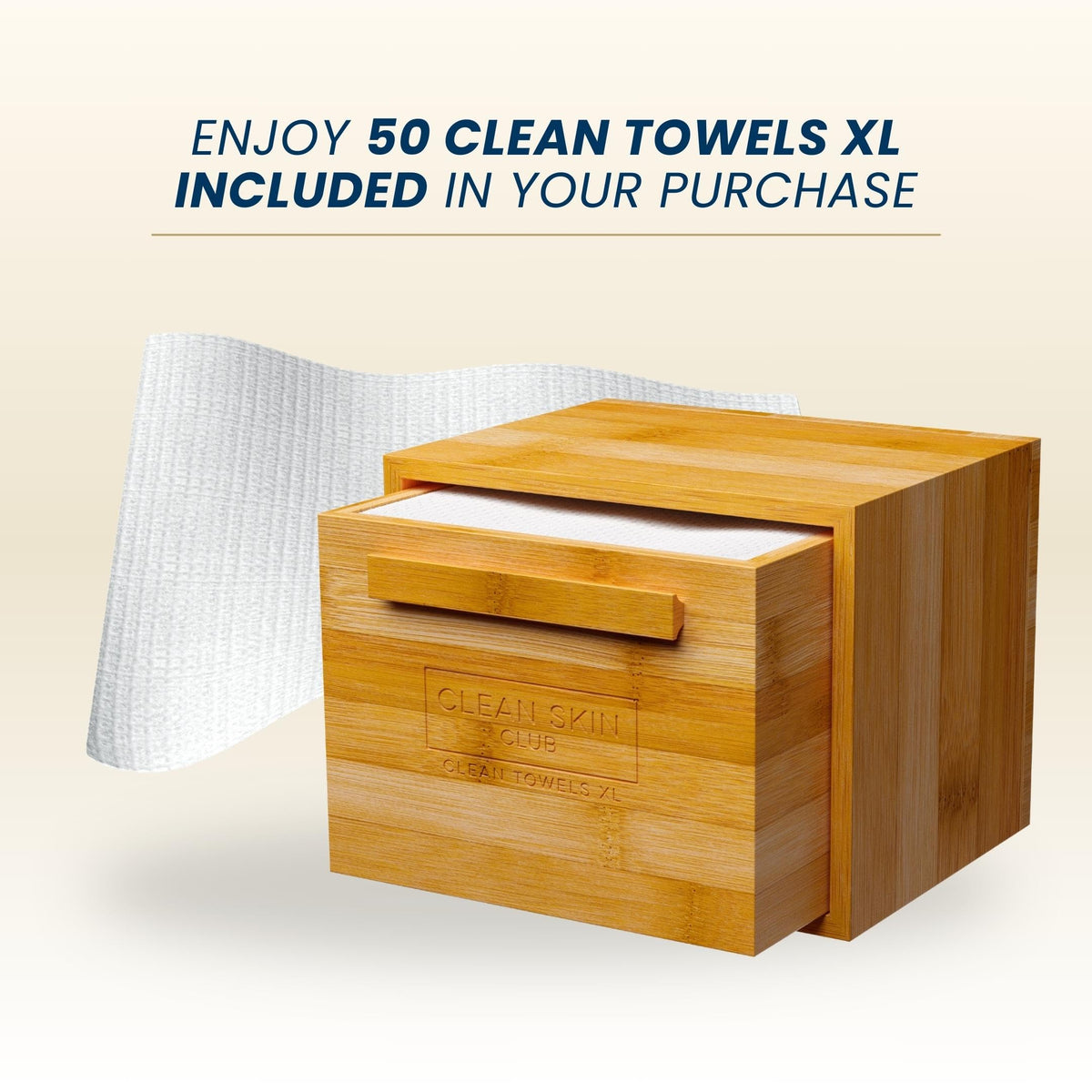 Clean Skin Club Luxe Bamboo container with pullout drawer includes Clean Towels® Original XL 50 Count, Disposable Face Towel Holder for Bathroom Counter