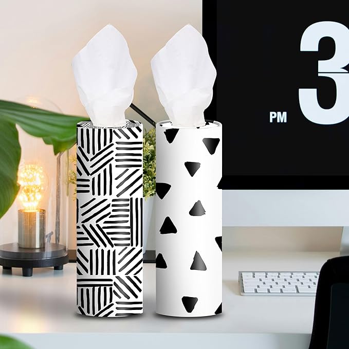 4-Pack Car Tissue Cylinders - Modern Black Line Design, Fits Car Cup Holders, Travel Tissue Tubes with Facial Tissues (Black & White)