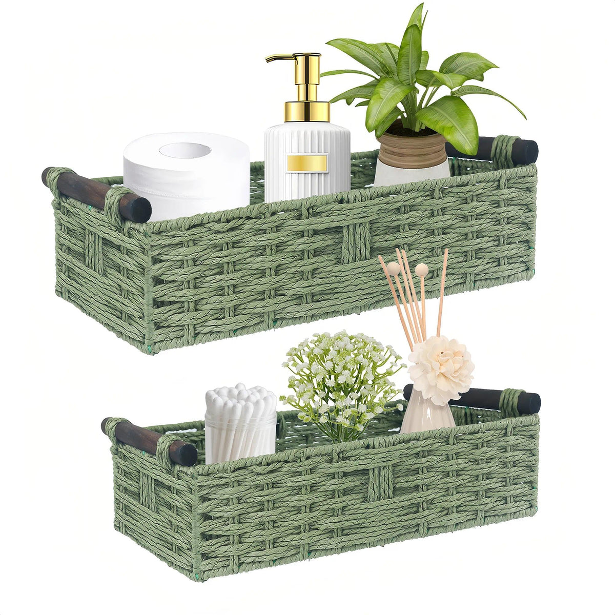 2PCS Toilet Basket Tank Topper - Paper Rope Toilet Paper Basket with Handle