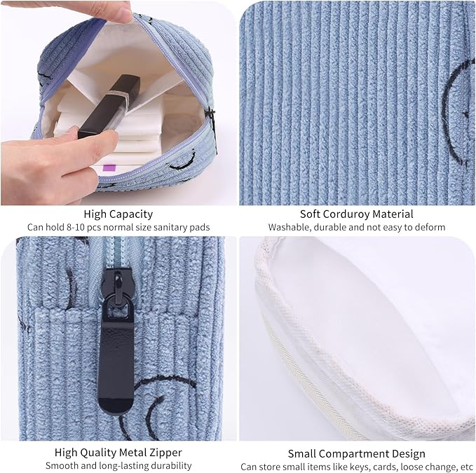 Sanitary Napkin Storage Bag, Corduroy Period Bag for Women, Cute Portable Period Pouch with Zipper, Sanitary Pads Bag Tampons Holder for Purse, First Period