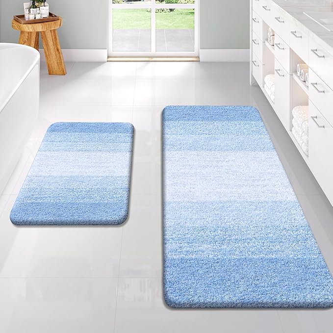 OLANLY Bathroom Rug Set 2 Piece, Soft Absorbent Microfiber Bath Rug Set, Non-Slip, Machine Wash Dry, Plush Shaggy Bath Mats for Bathroom (47"x20"+24"x16", Light Blue)