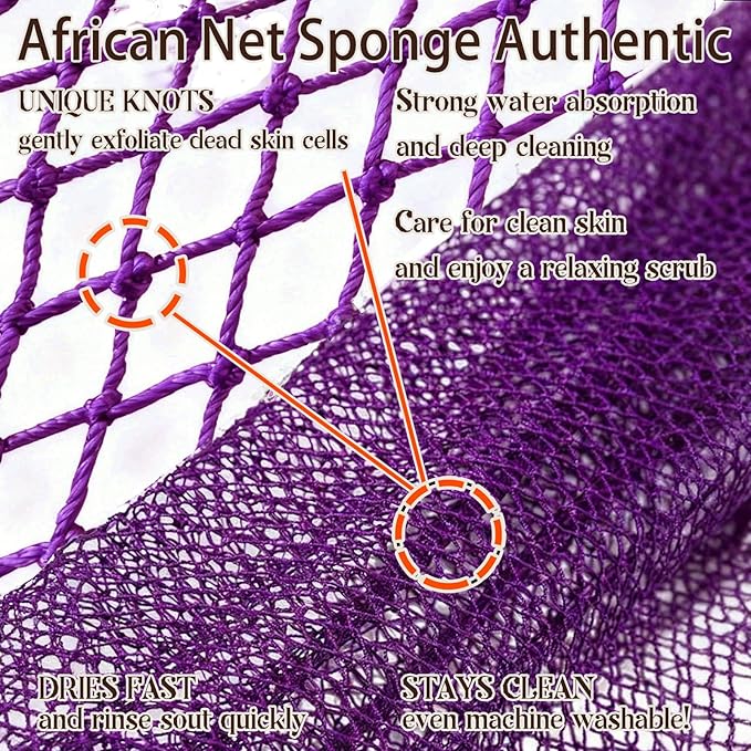 African Net Sponge Authentic, 6 Pieces African Exfoliating Net Sponge Body Back Scrubber Exfoliating Washcloth for Shower Bath for All Types Skin (Black+Purple+Pink+Blue+Olive Green+Gold, 6 Pcs)