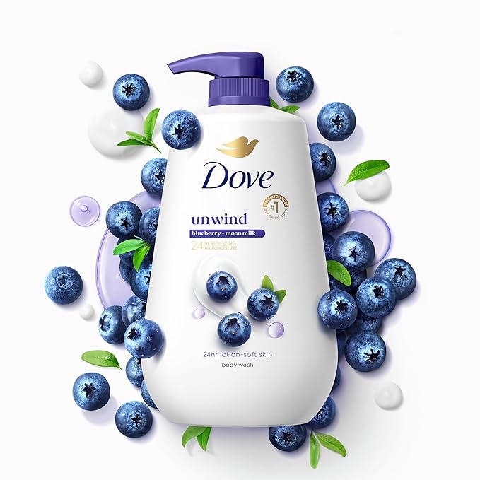 Dove 24hr Lotion Body Wash Unwind Blueberry & Moon Milk, 30.6 oz | Moisturizing body wash with MicroMoisture and a calming scent