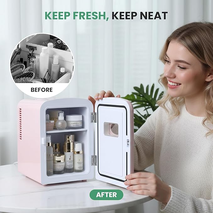 Simple Deluxe Mini Fridge with Viewing Window, 4L/6 Can Portable Cooler & Warmer, Freon-Free Small Refrigerator for Skincare, Drinks, Snacks & Cosmetics, Pink