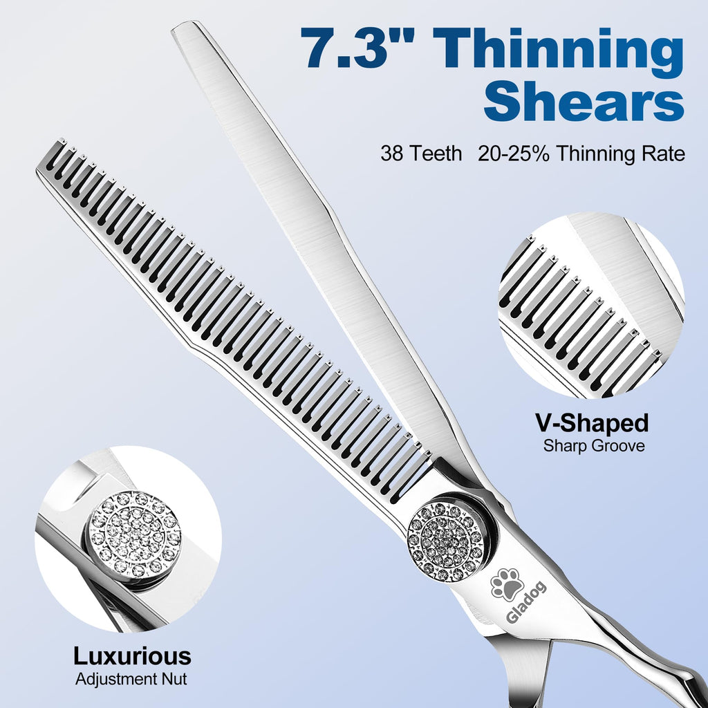 GLADOG Luxury Dog Grooming Scissors Set - 7" Straight, 6.5" Thinning, 7" Chunkers, 7" Curved - 9CR Steel, Silver Luxe, Right Hand, Plastic Handle, 4 Count
