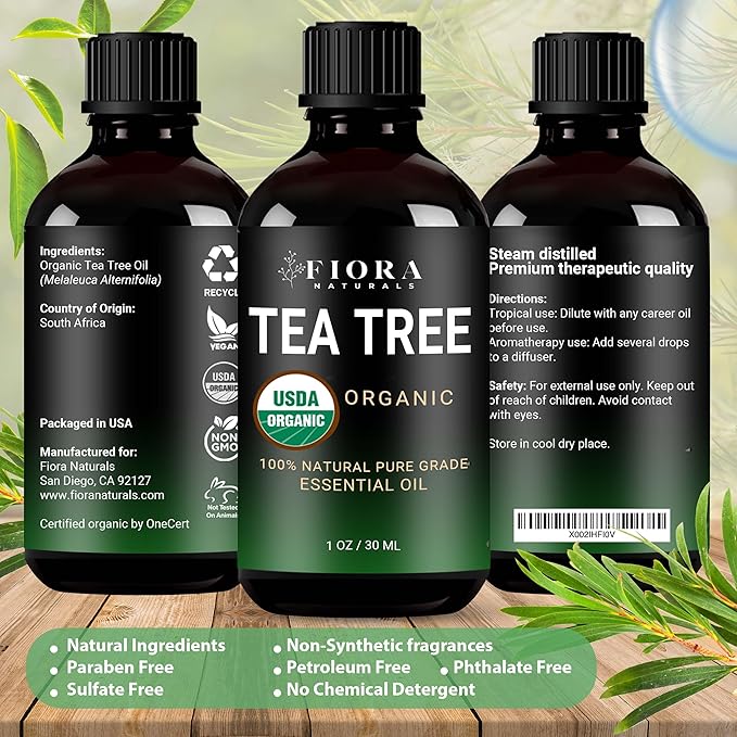 Tea Tree Oil – 100% Pure Organic Tea Tree Essential Oil for Skin, Face, Hair, Scalp, Nails, and Toenail – 1 fl oz - By Fiora Naturals