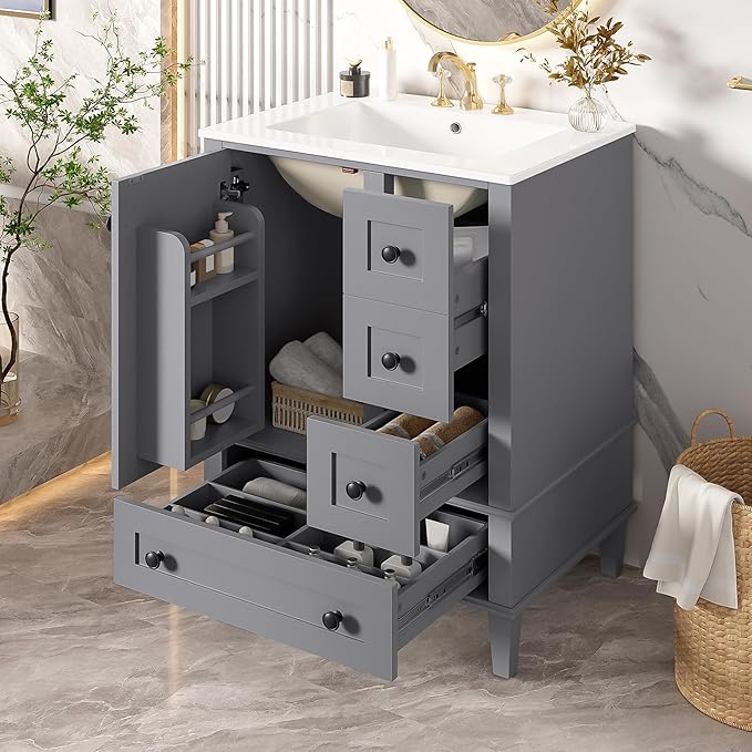 Bellemave 24" Bathroom Vanity with Sink Combo Set, Solid Wood Frame Bathroom Storage Cabinet with 3 Drawers, Soft Closing Cabinet Door with Organizer, Grey