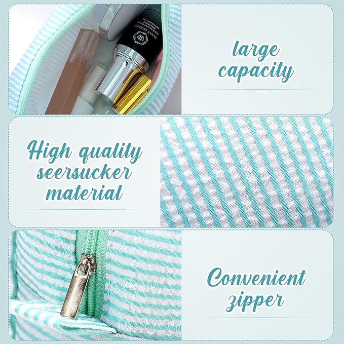 Sanwuta 6 Seersucker Cosmetic Bag Bulk Striped Makeup Bag for Women Aesthetic Cute Travel Toiletry Organizer Preppy Storage Pouch for Wedding Bridesmaid Mother's Day Teacher Gift (Large,Mint Blue)