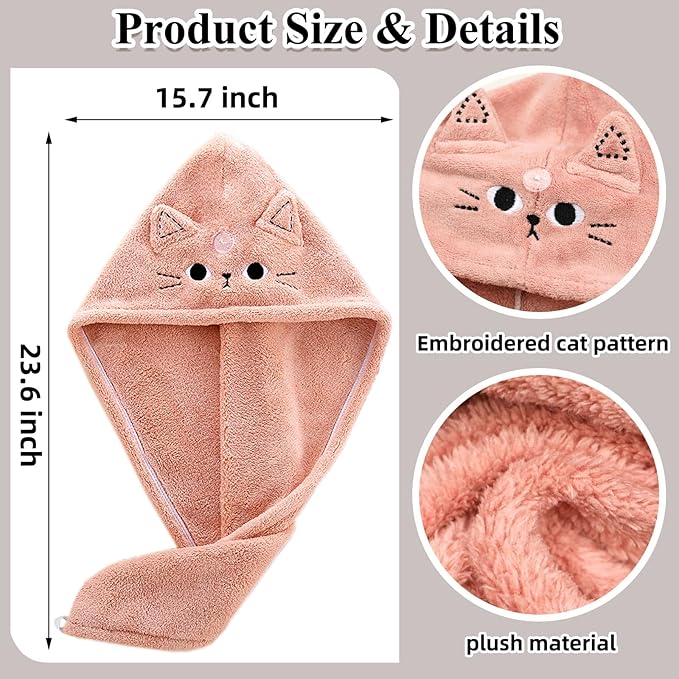 2Pack Microfiber Hair Towel Wrap for Kids, Cute Cat Absorbent Hair Drying Turbans Head Towels for Women Girls (Pink and Gray cat)