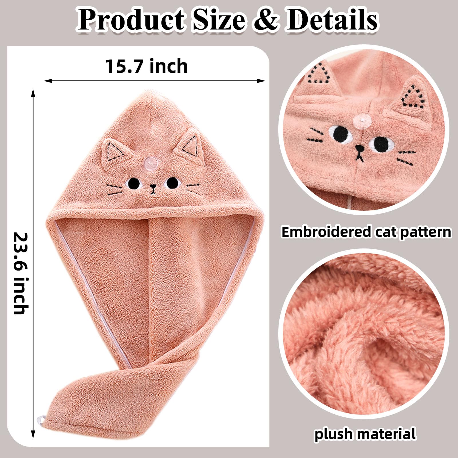 KIGOTWIN 2Pack Microfiber Hair Towel Wrap for Kids, Cute Cat Absorbent Hair Drying Turbans Head Towels for Women Girls (Pink and Gray cat)