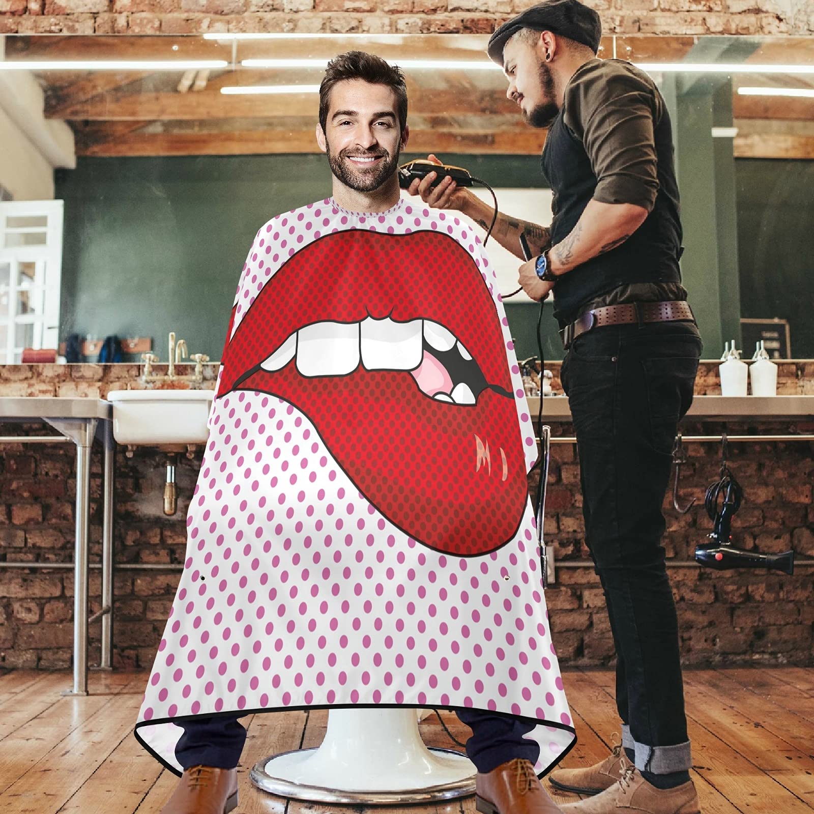 visesunny Barber Cape Sexy Lip Dot Polyester Hair Cutting Salon Cape Apron Anti-Static Haircut Water-Resistant Shaving Cloth Beard Shaving Bib Hairdressing Cape