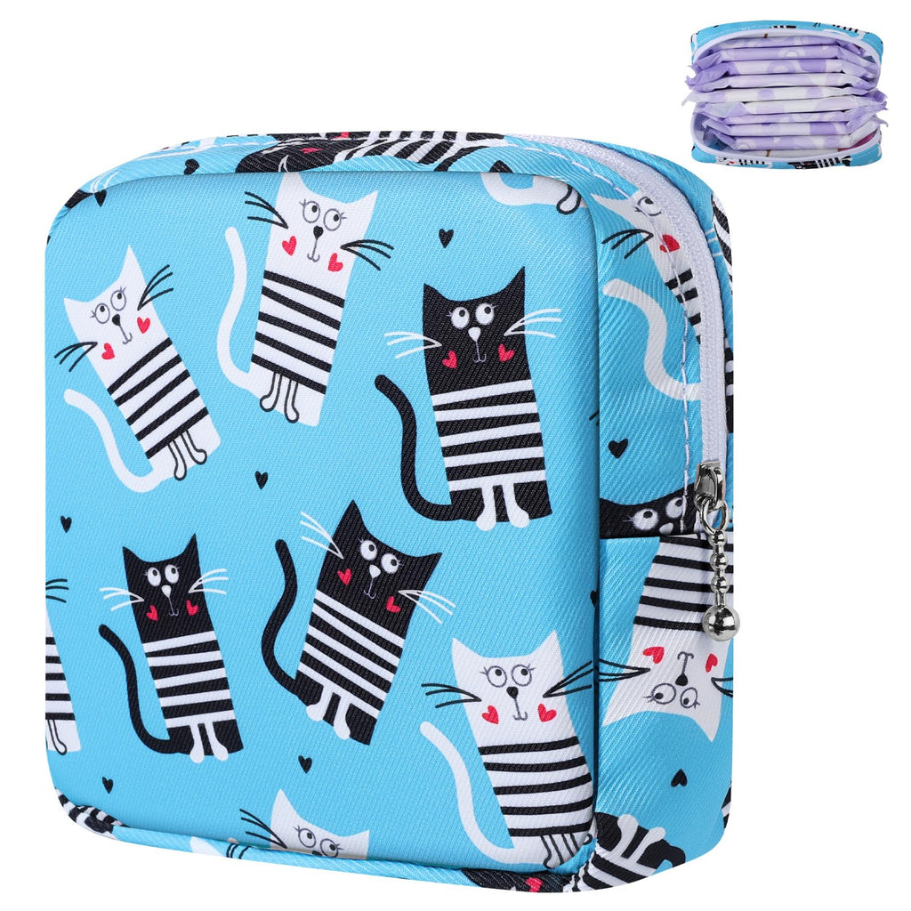 Likesing Tampon Holder for Purse, Canvas Period Bag Pouch-Stripes Blue Cat