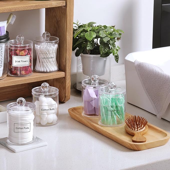 4 Pack Acrylic Qtip Holder Dispenser for Cotton Swabs, Balls, Pads, Floss Picks- Small Clear Acrylic Canister Apothecary Jar Set, Bathroom Essentials Accessories Decor, Vanity Makeup Storage Organizer
