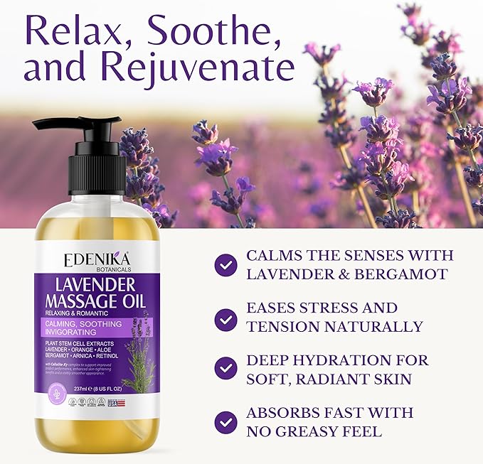 Edenika Botanicals Lavender Massage Oil for Skin, Luxury Aromatherapy & Romantic Massage Oil for Date Night, Relaxing & Hydrating Skin, 2-Pack