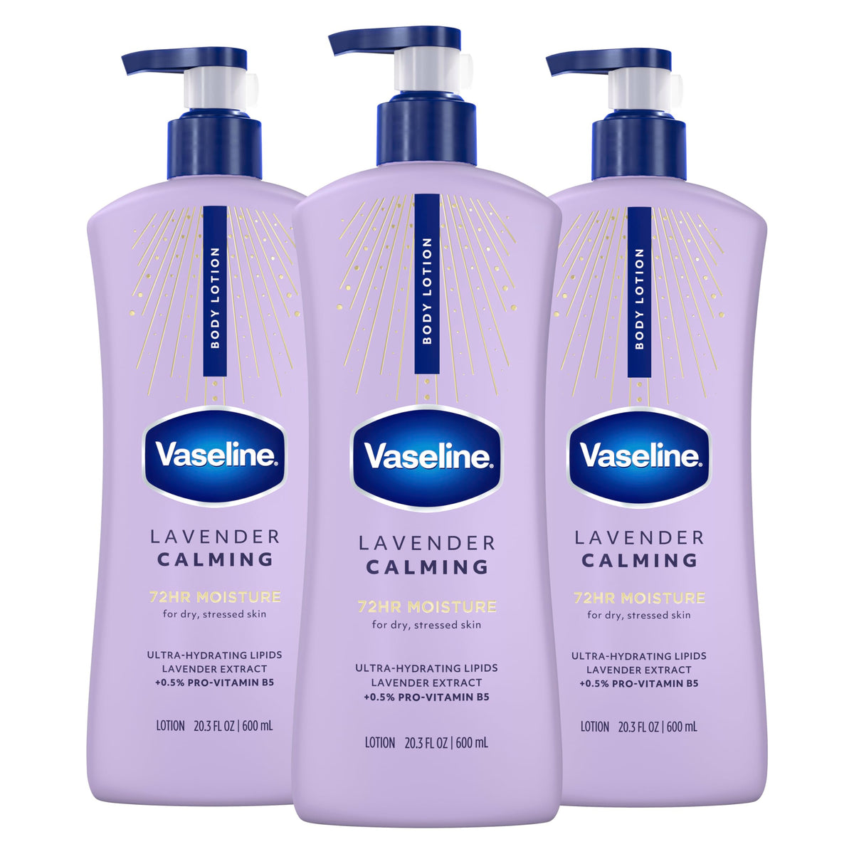 Vaseline Intensive Care Calm Healing Body Lotion 3 count for Dry Skin Made with Ultra-Hydrating Lipids and Lavender Extract to Heal and Restore Dry Skin 20.3 oz
