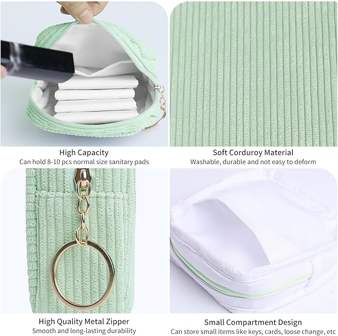 Teircno Sanitary Napkin Storage Bag, Preppy Corduroy Period Bag for School Teen Girls, Cute Portable Period Pouch with Zipper, Sanitary Pads Bag Tampons Holder for Purse, First Period for Women Ladies