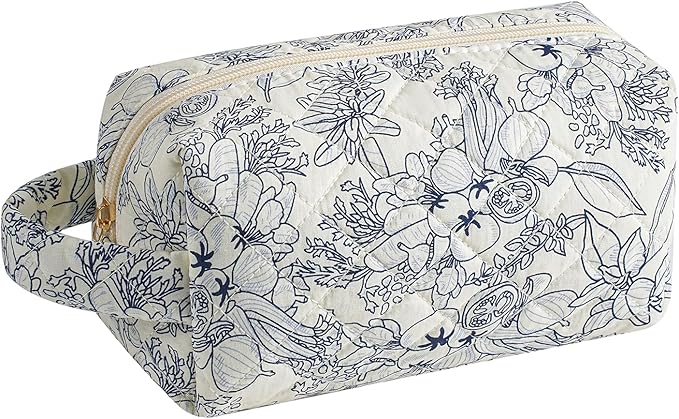 HHQQWZ Makeup Bag Travel Cosmetic Bag for Women, Zipper Make Up Pouch, Floral Flowers Toiletry Organizer Makeup with Handle, Cosmetic Travel Cloth Bag (Navy Blue Flower)