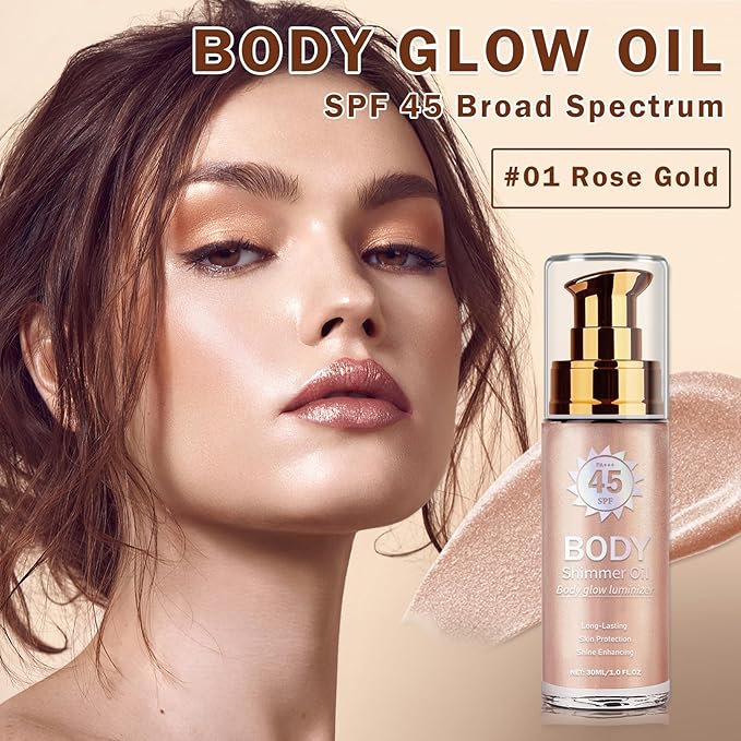 LZXLUKGIR Shimmer Body Oil,Glitter Sunscreen,SPF 45 Broad Spectrum,Lightweight Moisturizing Body Glow Oil,Water Resistant,Glowing Results,01 Rose Gold